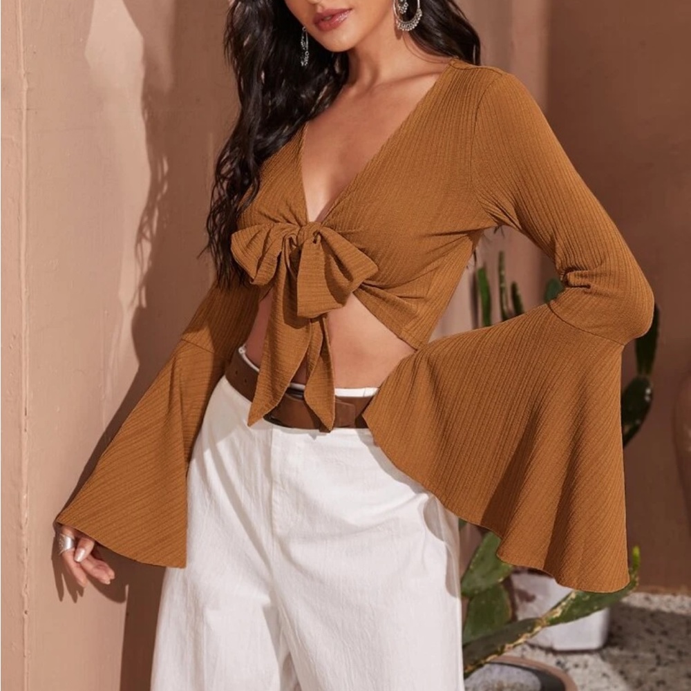 SHEIN VCAY Ribbed Trumpet Sleeve Self tie Crop top